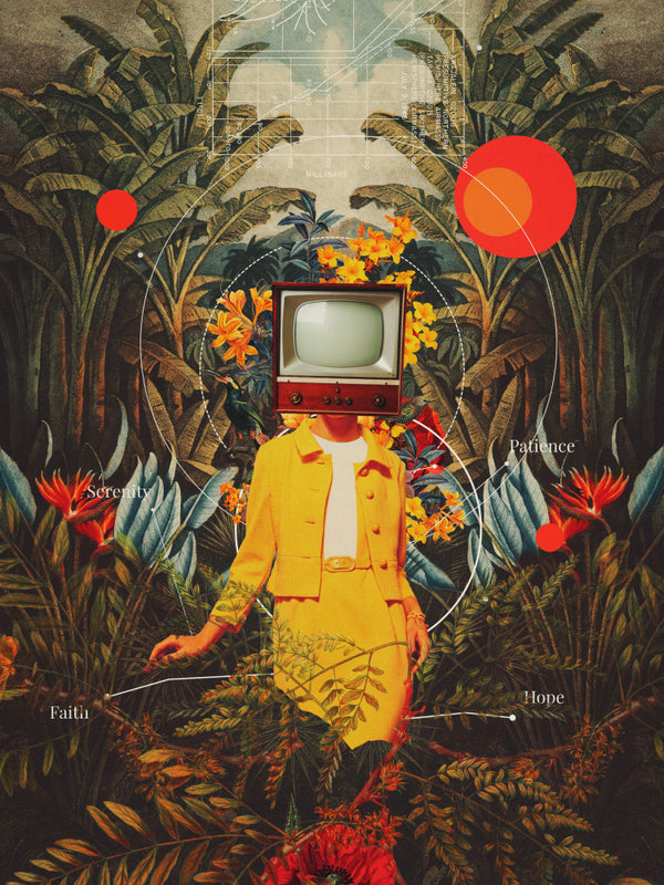 Surreal art of a woman in yellow with a TV for a head, surrounded by lush plants and abstract shapes.