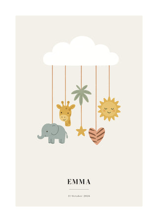 Personalised nursery poster with a white cloud and a safari baby mobile on cream, with name and date