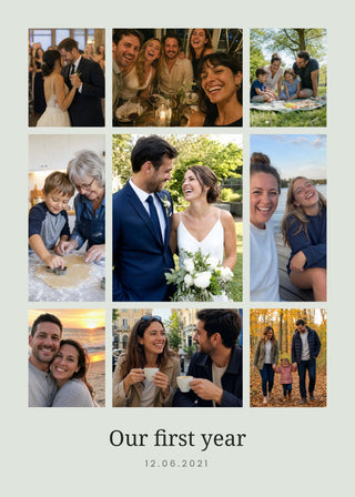 The Big Moment personalised poster – a large centre photo with eight photos around it, on sage