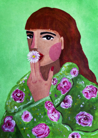 Painting of a woman in a floral green cloak holding a daisy to her lips, on a bright green background.