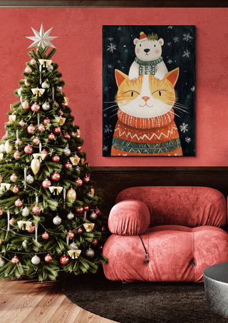 Festive living room with decorated Christmas tree and Cozy Cat Christmas artwork above a plush pink chair.