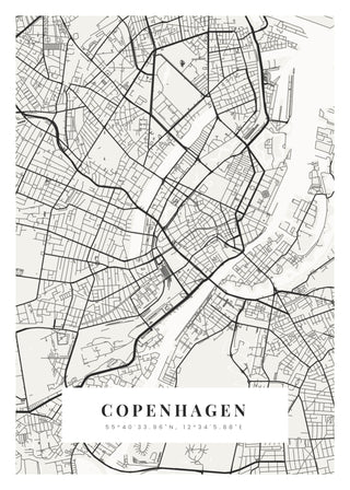 City Map custom city poster of Copenhagen in off-white with black streets, city name and coordinates