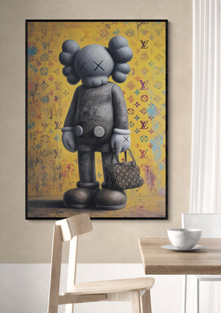 Framed Kaws x Vitton artwork by Danii Steinfeldt, featuring a gray character holding a designer bag.