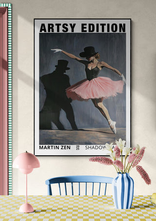 Poster of "Shaddow Ballet - Martin Zen" featuring a ballerina in pink with shadow, hanging in a stylish room.
