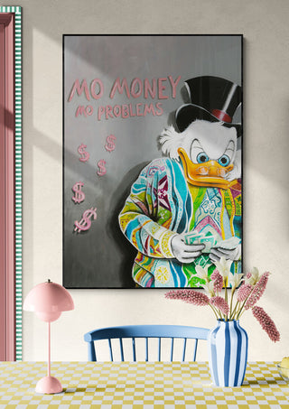 Colorful artwork of a rich duck in a hat counting money, with "Mo Money No Problems" text on the wall above.