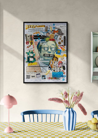 Framed BTC Satoshi - Ricardo Noble artwork hanging on a wall above a dining table with flowers in a vase.