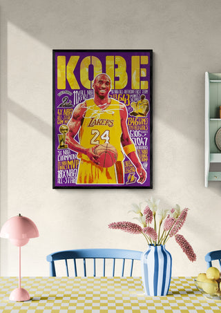 Poster of Kobe Bryant in Lakers jersey with career highlights, displayed on a wall above a dining table.