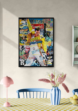 Colorful Ricardo Noble "Freddy" artwork featuring Freddie Mercury, displayed in a modern dining room.