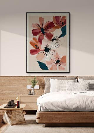 Blush and Wine Blossoms I by Branka Kodžoman artwork above a modern bed in a cozy, minimal bedroom setting.