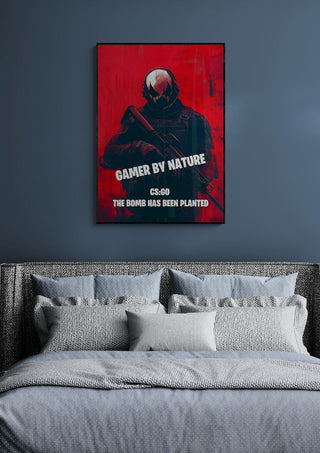Gamer by Nature Plakat featuring a masked character with text, displayed above a modern bed.