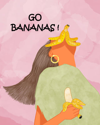 Illustration of a woman holding and wearing bananas, with "Go Bananas!" text on pink background.