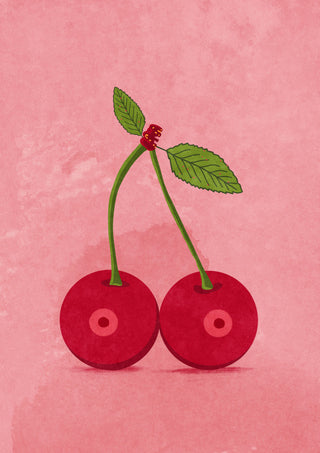 Illustration of two cherries with green stems and leaves on a pink background. Cherry Boobs by Raissa Oltmanns.