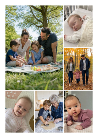 Family Collage with featured photo personalised poster – 6 family photos with one large featured photo, with a white border and fine white lines
