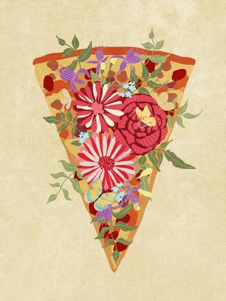 A slice of pizza topped with colorful, detailed flowers and leaves, titled Slice of flower pizza by Raissa Oltmanns.