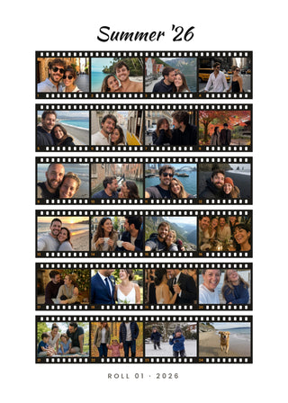 Film Roll personalised poster – a contact sheet with 24 photos on film strips with sprocket holes and frame numbers, on white