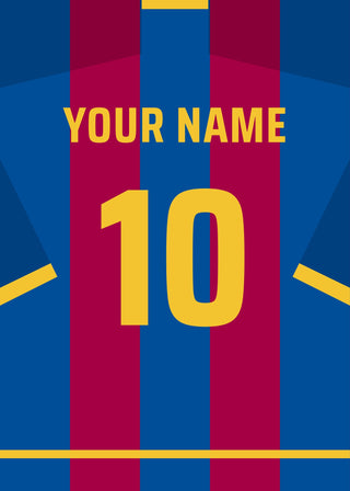 Personalised football shirt poster in Barcelona colours – blue and claret stripes with a name and number on the back