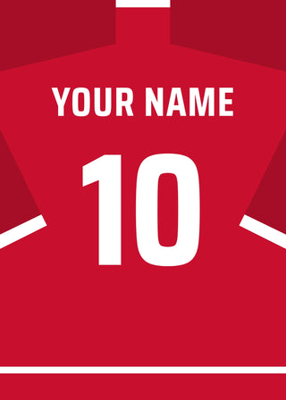 Personalised football shirt poster in Danish red with white lettering – a name and number on the back