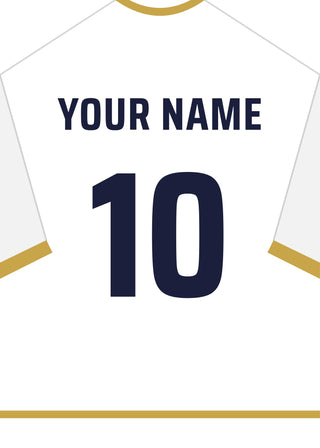 Personalised football shirt poster in Real Madrid colours – white shirt with gold collar and trim, name and number on the back