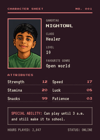 Gamer Character Sheet personalised poster – a retro pixel-art avatar drawn from a photo on an RPG character sheet with gamertag, class, level and stats (wine)