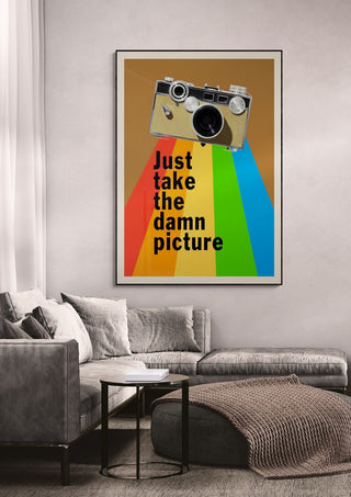Framed "Just Take the Damn Picture" wallchart with a vintage camera and colorful stripes, hanging above a sofa.
