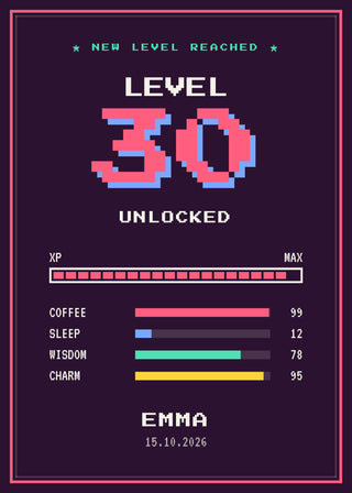 Level Up personalised gamer birthday poster – LEVEL 30 UNLOCKED in 8-bit pixel numbers with an XP bar, stats, name and date (Berry)