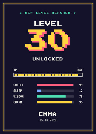 Level Up personalised gamer birthday poster – LEVEL 30 UNLOCKED in 8-bit pixel numbers with an XP bar, stats, name and date (Night)