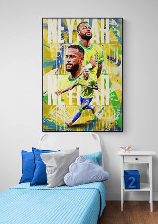 Neymar football poster featuring dynamic action shots and vibrant Brazil-themed background, displayed above a bed.