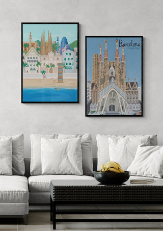 Barcelona-themed Petra Lizde wall art displayed above a modern sofa in a living room setting.