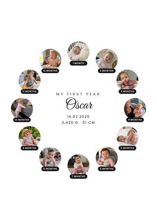 My First Year personalised poster – twelve round baby photos in a ring, one for each month, with the baby's name in the centre, on white