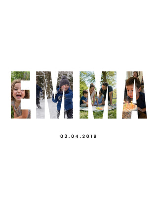Name Collage personalised poster – the name EMMA in tall letters, one photo inside each letter, on white