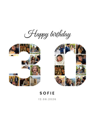 Number Collage personalised poster – the number 30 filled with a mosaic of photos, Happy birthday above, on white