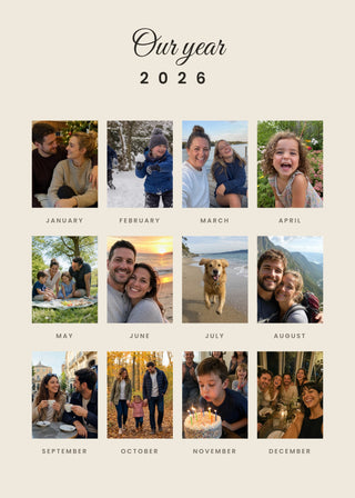 Our Year personalised poster – twelve tall photos laid out like a wall calendar with month names, on beige