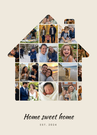 Shape Collage personalised poster – 20 family photos in the shape of a house, Home sweet home, on beige
