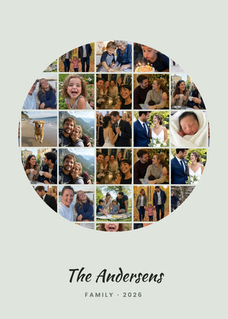 Shape Collage personalised poster – 30 family photos in a circle with the family name, on sage