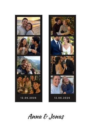 Photo Booth personalised poster – two classic photo booth strips with eight photos and a date stamp, on white