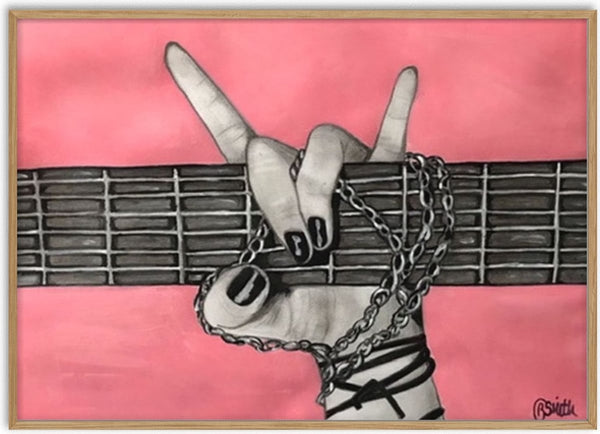 Rock On by Art By Biba - a hand throwing the horns behind a guitar fretboard in charcoal grey on salmon pink