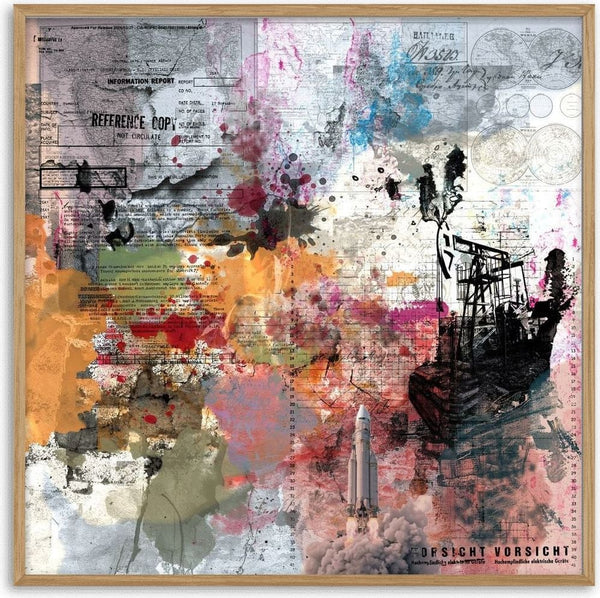 Reference Copy by Dada - a rocket launch and an oil derrick over a stamped declassified report and ink splashes
