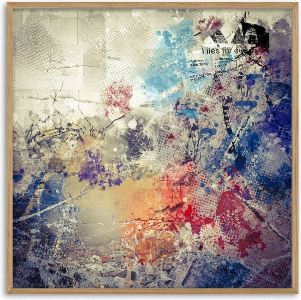Tiles Forever by Dada - blue half-tone dots and red splashes across a cracked grey-beige ground
