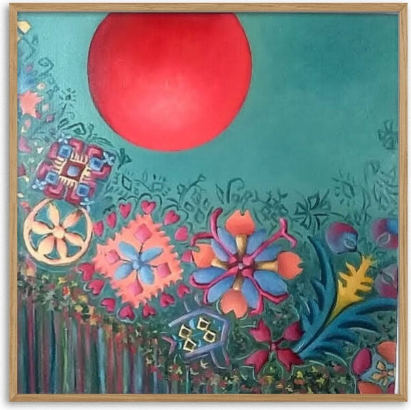 Red Sun over the Motifs by Cristina Iacob - a flat red sun over raised folk embroidery shapes on deep teal