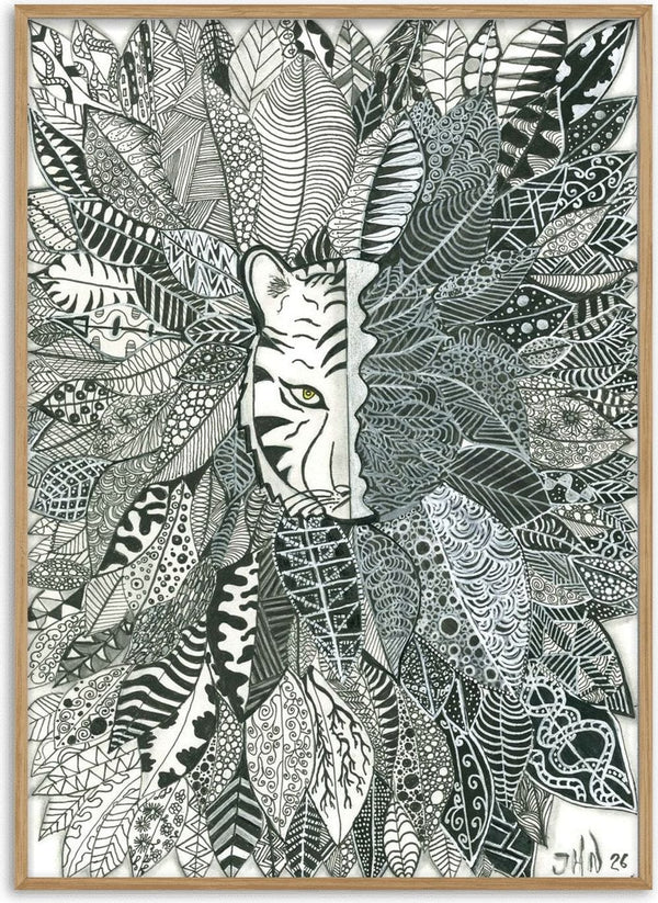 Tiger in the Leaves by JHN.ByHjort - tiger face among hand-drawn patterned leaves in black and white