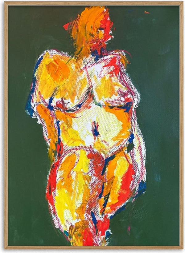 Standing Nude by René J - standing figure painted in yellow, orange and red with white outlines on a dark green ground
