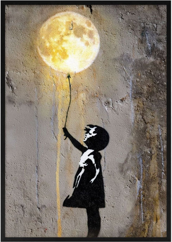 Moon Balloon by Decker Studios - stencilled girl in a black dress reaching for a glowing moon on a string on a concrete wall