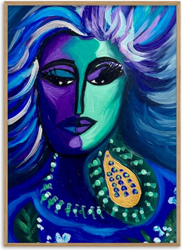 Blue Muse by Da Winters - a woman with flowing blue hair and a two-toned face against deep blue