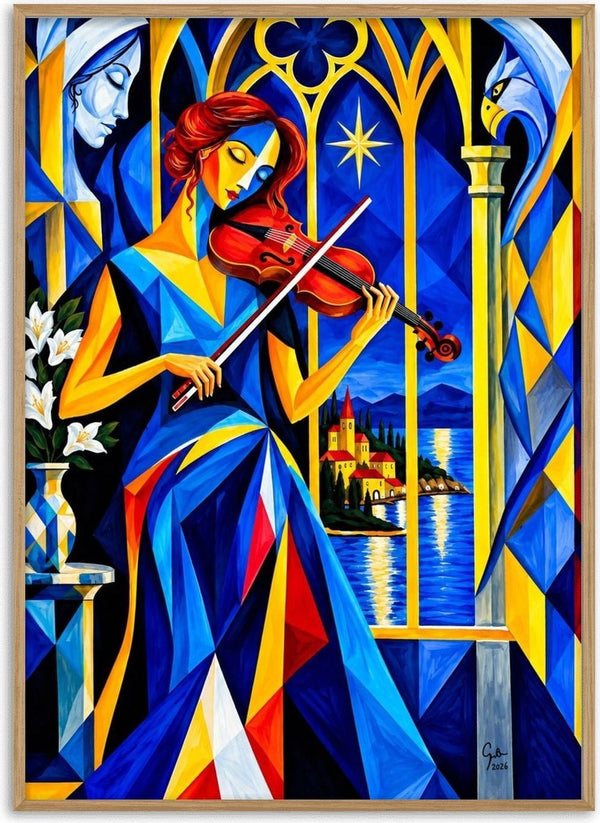 The Violinist at the Window by Andreas Gerlach - a violinist before a gothic window over a lake town