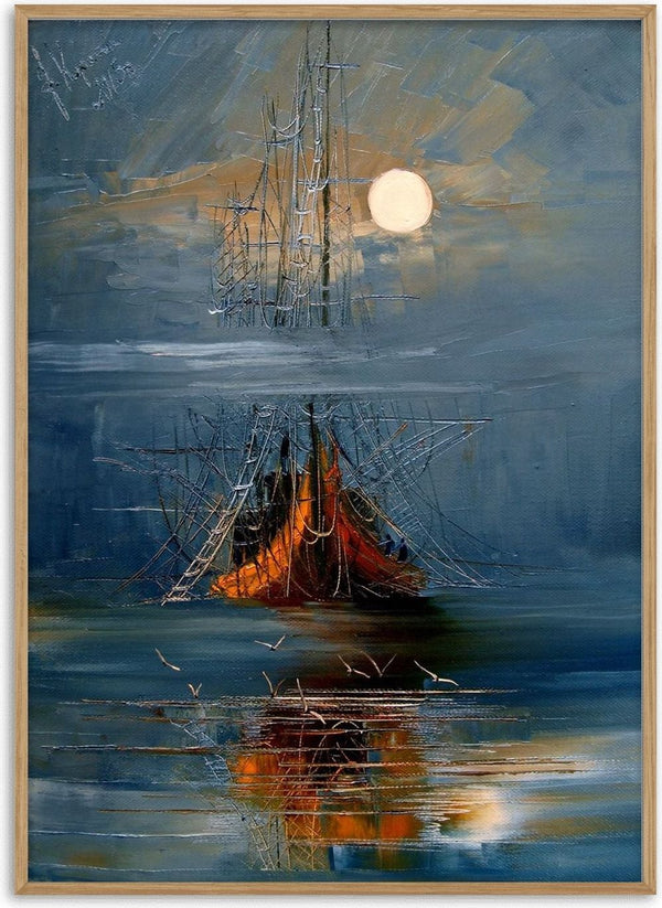 Moon over the Ship by Justyna Kopania - a tall ship under a pale moon on grey-blue water