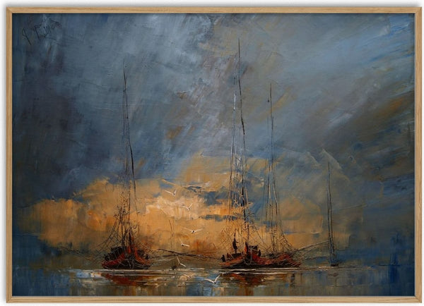 Boats in the Mist by Justyna Kopania - tall masts rising out of grey and ochre mist over dark hulls