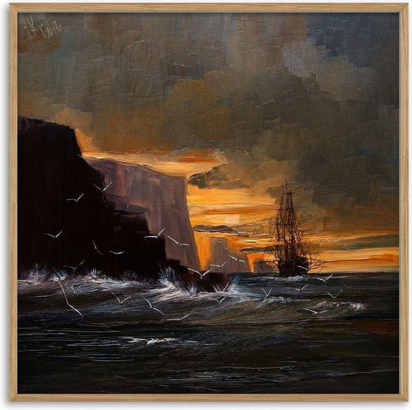 Ship by the Cliffs by Justyna Kopania - a tall ship off black cliffs under an orange sky