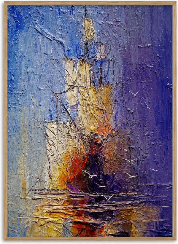 Ships in Violet and Gold by Justyna Kopania - masted ships with yellow sails on a violet ground