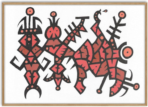 Red Totems by John Larkin - three upright black figures filled with bright red on white