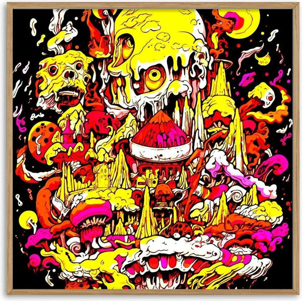 Melting City by BunteBeute - melting towers, skulls and a grinning mouth in yellow and red on black